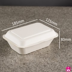 Bagasse 7" Clamshell Box (600ml) - 185mm long x 125mm wide x 80mm high, 600ml capacity