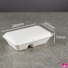 Bagasse 9.5" Clamshell Meal Box - 2 Compartments (1.6 litre) - 240mm long x 165mm wide x 70mm high, 1.6-litre capacity