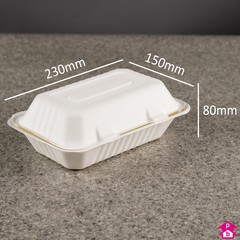 Bagasse 9" Clamshell Box (650ml) - 230mm long x 150mm wide x 80mm high, 650ml capacity