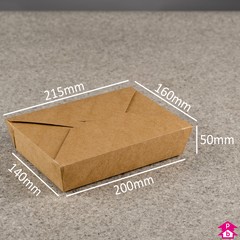 Large (No. 2) Kraft Takeaway Box (1.5 litre) - KTWB02: 200mm long x 140mm wide (at base) / 215mm long x 160mm wide (at top) x 50mm high, 1.5 litre capacity