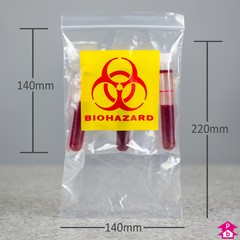 Self-Seal Biohazard Bag with Pouch - 140mm wide x 140mm long, with pouch 140mm wide x 220mm long, 50 micron thickness