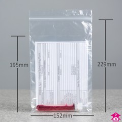 Self-Seal Specimen Bag with Pouch - 152mm wide x 229mm long, with pouch 152mm wide x 195mm long, 40 micron thickness