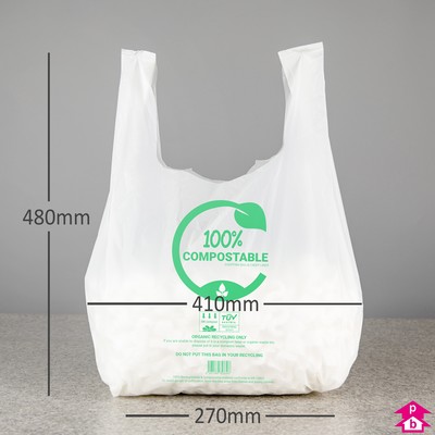 White Compostable Vest Carrier Medium 270mm 410mm wide x 480mm